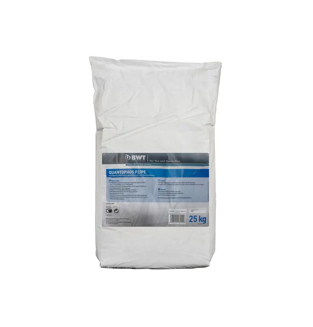 BWT-Produktverpackung mit Angaben zum Inhalt, beschriftet mit „Quantophos P2/PE“ und weiteren Informationen auf der Rückseite. Gewicht nicht angegeben.